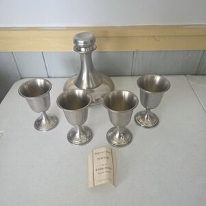 KIRK STIEFF PEWTER MCM Style 5 Piece SHIPS DECANTER 4 GOBLETS MODERN